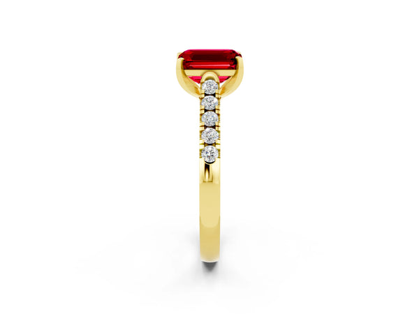 Yellow gold Emerald Cut Ruby Pavé Band Solitaire Ring with Prong Setting