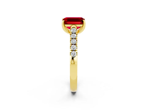 Yellow gold {shape_name} Ruby Solitaire Ring with Pavé Band and Four-Prong Setting_2