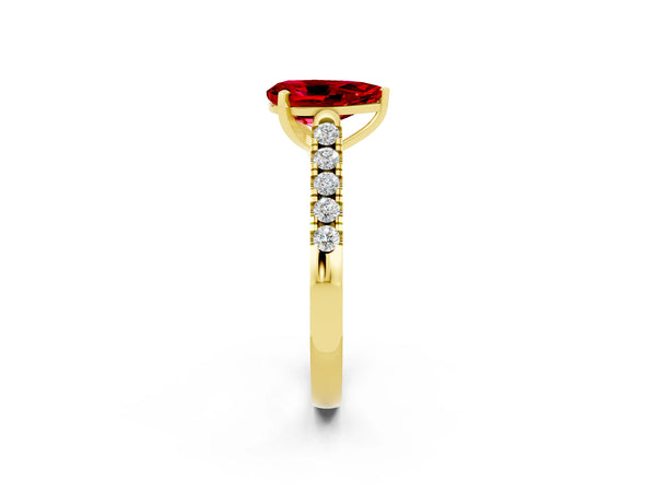 Yellow gold Pear Cut Ruby Pavé Band Solitaire Ring with Prong Setting