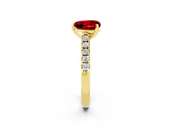 Yellow gold Heart Cut Ruby Pavé Band Solitaire Ring with Prong Setting