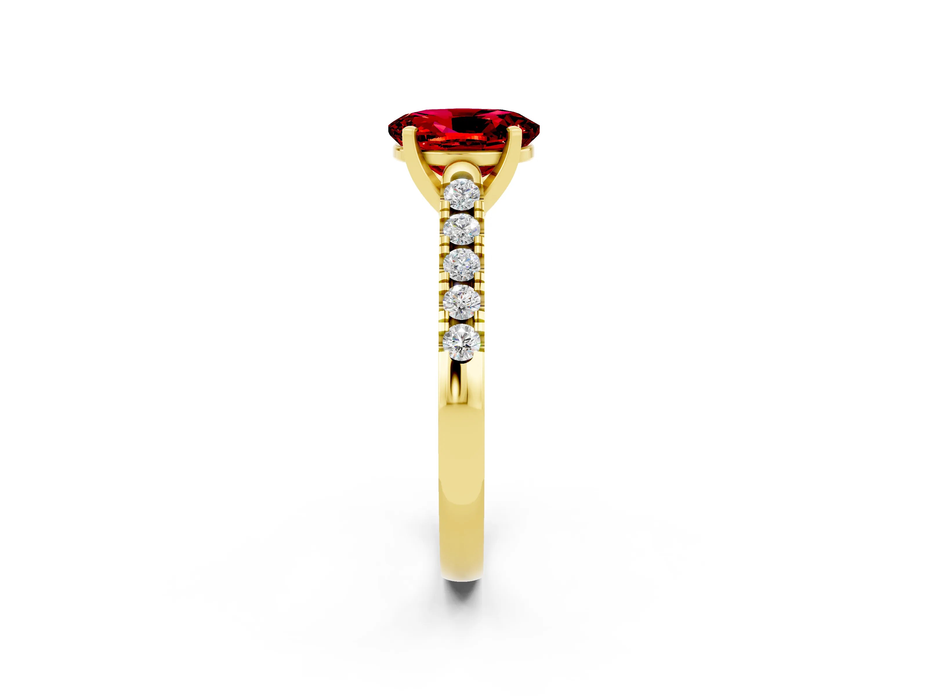 Yellow gold {shape_name} Ruby Solitaire Ring with Pavé Band and Four-Prong Setting_2