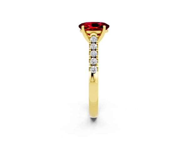 Yellow gold Oval Cut Ruby Pavé Band Solitaire Ring with Prong Setting