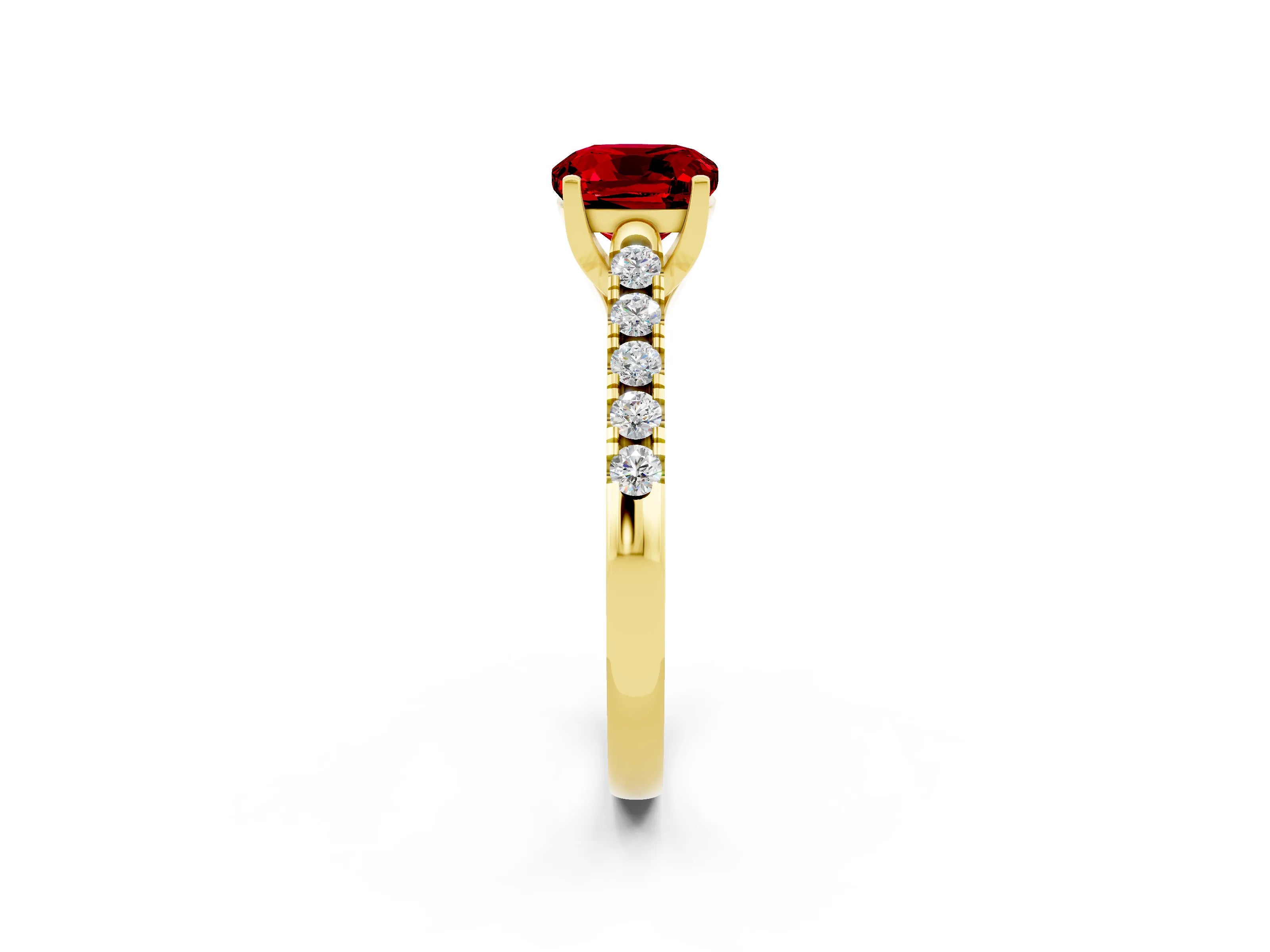 Yellow gold {shape_name} Ruby Solitaire Ring with Pavé Band and Four-Prong Setting_2