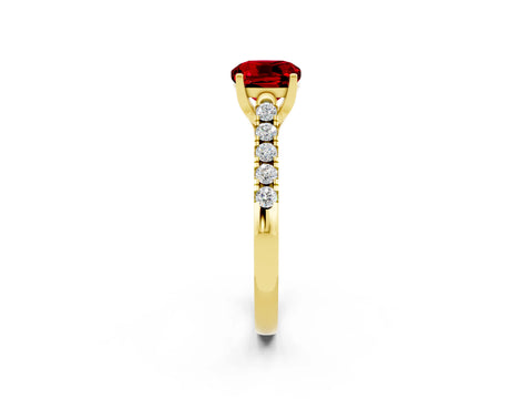 Yellow gold {shape_name} Ruby Solitaire Ring with Pavé Band and Four-Prong Setting_2