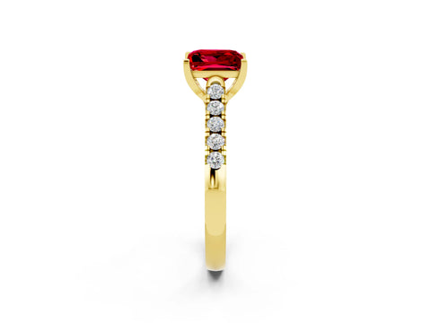 Yellow gold {shape_name} Ruby Solitaire Ring with Pavé Band and Four-Prong Setting_2