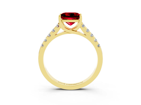 Yellow gold Princess Cut Ruby Pavé Band Solitaire Ring with Prong Setting