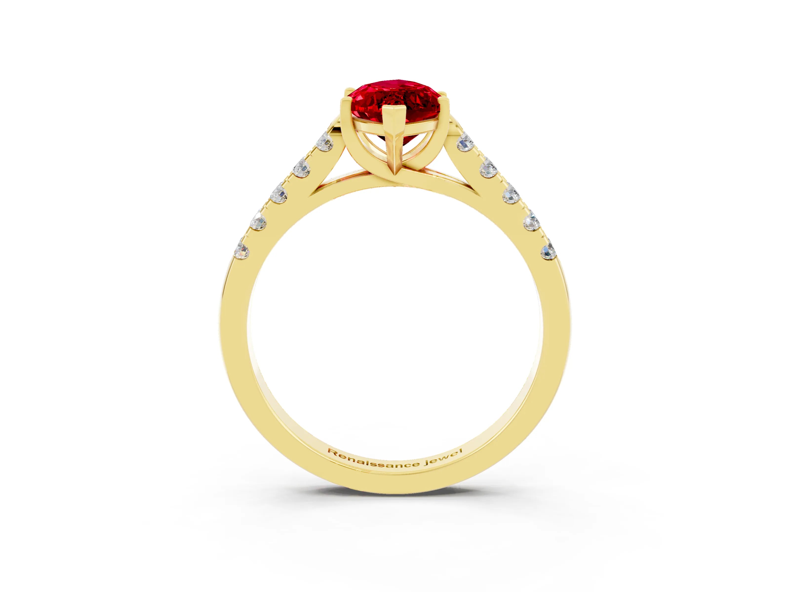 Yellow gold {shape_name} Ruby Solitaire Ring with Pavé Band and Four-Prong Setting_3