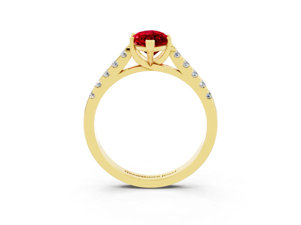 Yellow gold Marquise Cut Ruby Pavé Band Solitaire Ring with Prong Setting