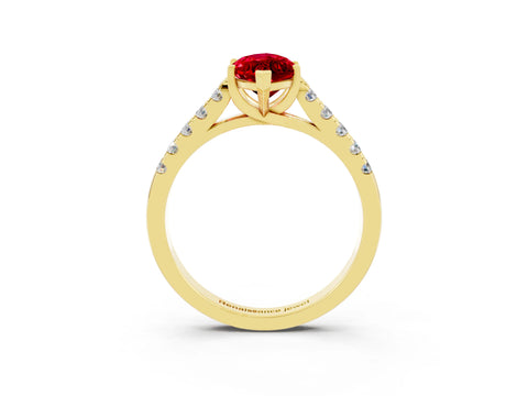 Yellow gold {shape_name} Ruby Solitaire Ring with Pavé Band and Four-Prong Setting_3