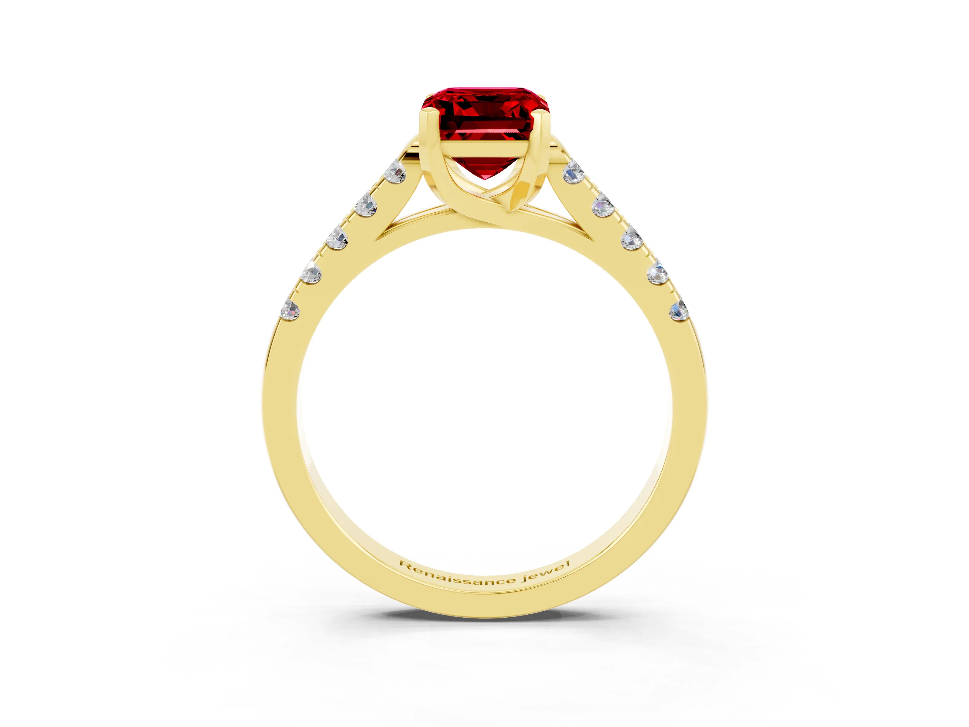 Yellow gold {shape_name} Ruby Solitaire Ring with Pavé Band and Four-Prong Setting_3