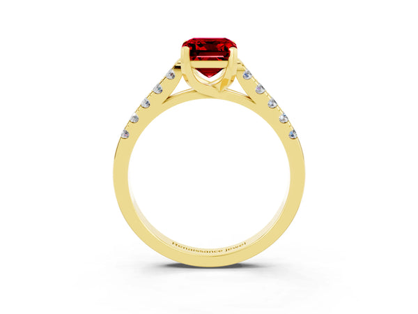 Yellow gold Emerald Cut Ruby Pavé Band Solitaire Ring with Prong Setting