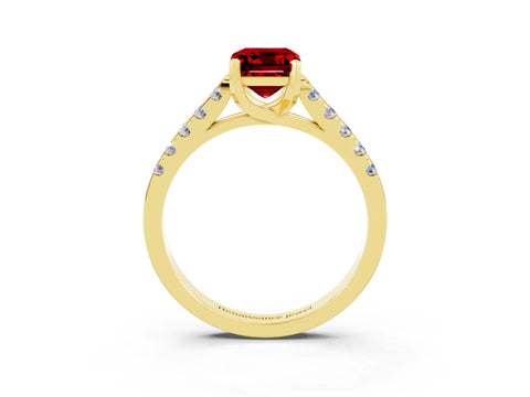 Yellow gold {shape_name} Ruby Solitaire Ring with Pavé Band and Four-Prong Setting_3