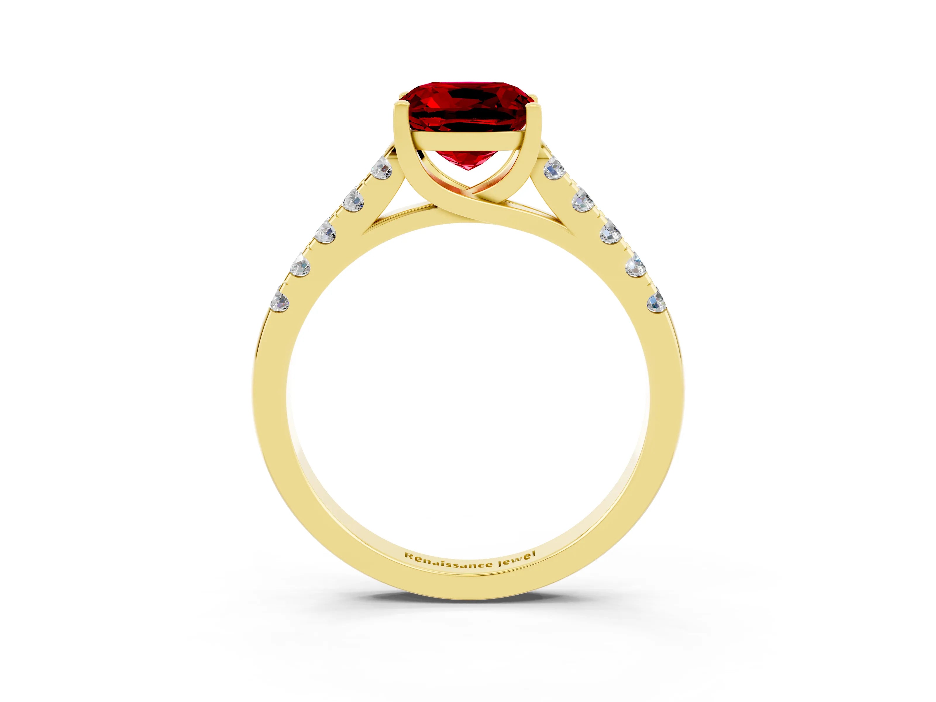 Yellow gold {shape_name} Ruby Solitaire Ring with Pavé Band and Four-Prong Setting_3