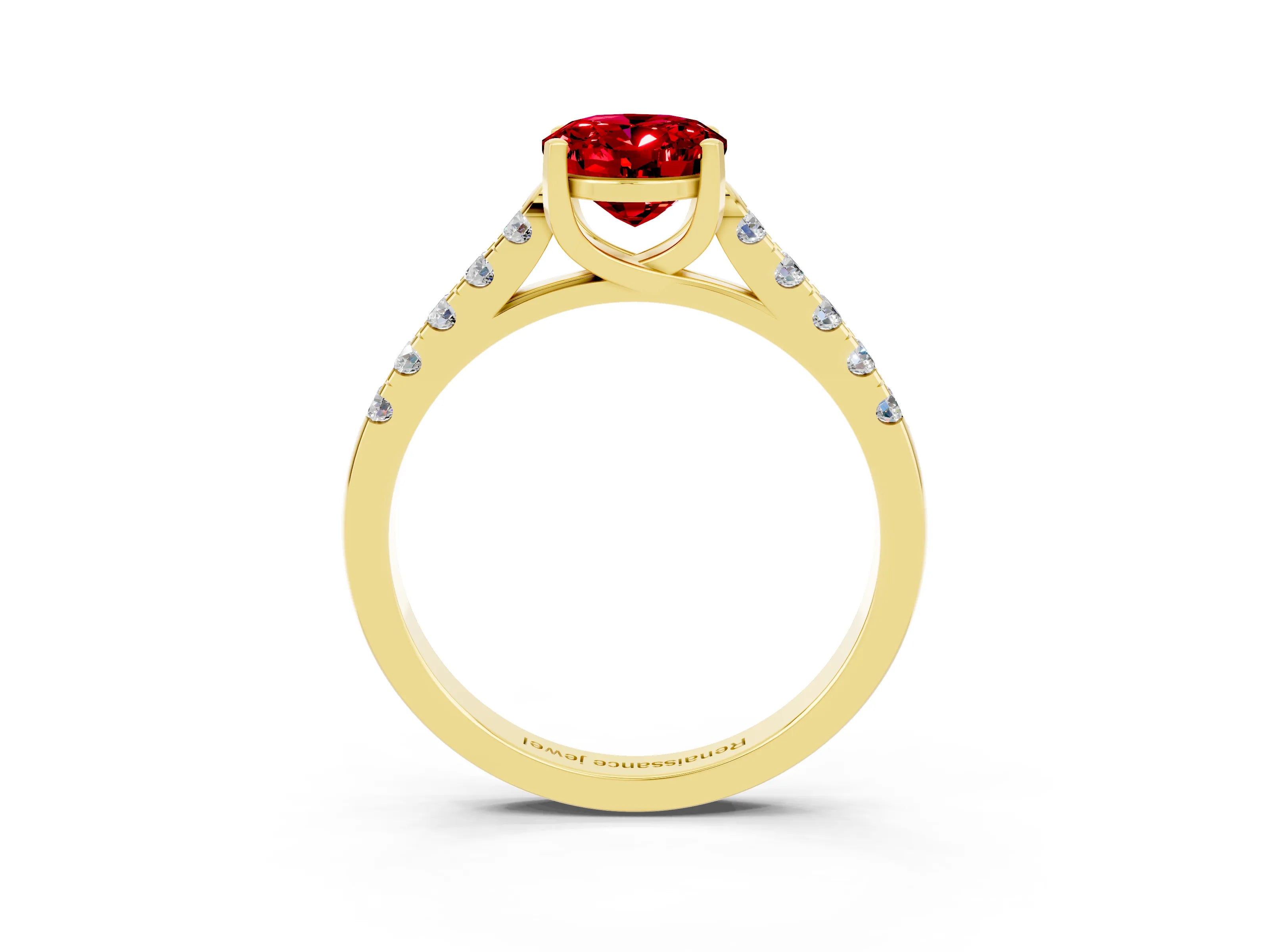Yellow gold {shape_name} Ruby Solitaire Ring with Pavé Band and Four-Prong Setting_3