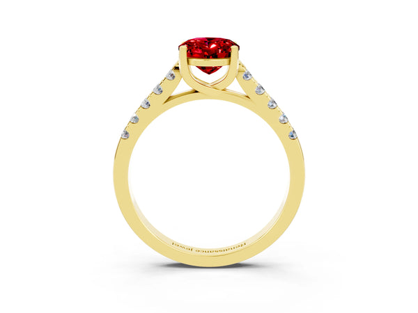 Yellow gold Oval Cut Ruby Pavé Band Solitaire Ring with Prong Setting