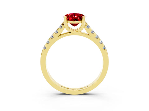 Yellow gold {shape_name} Ruby Solitaire Ring with Pavé Band and Four-Prong Setting_3