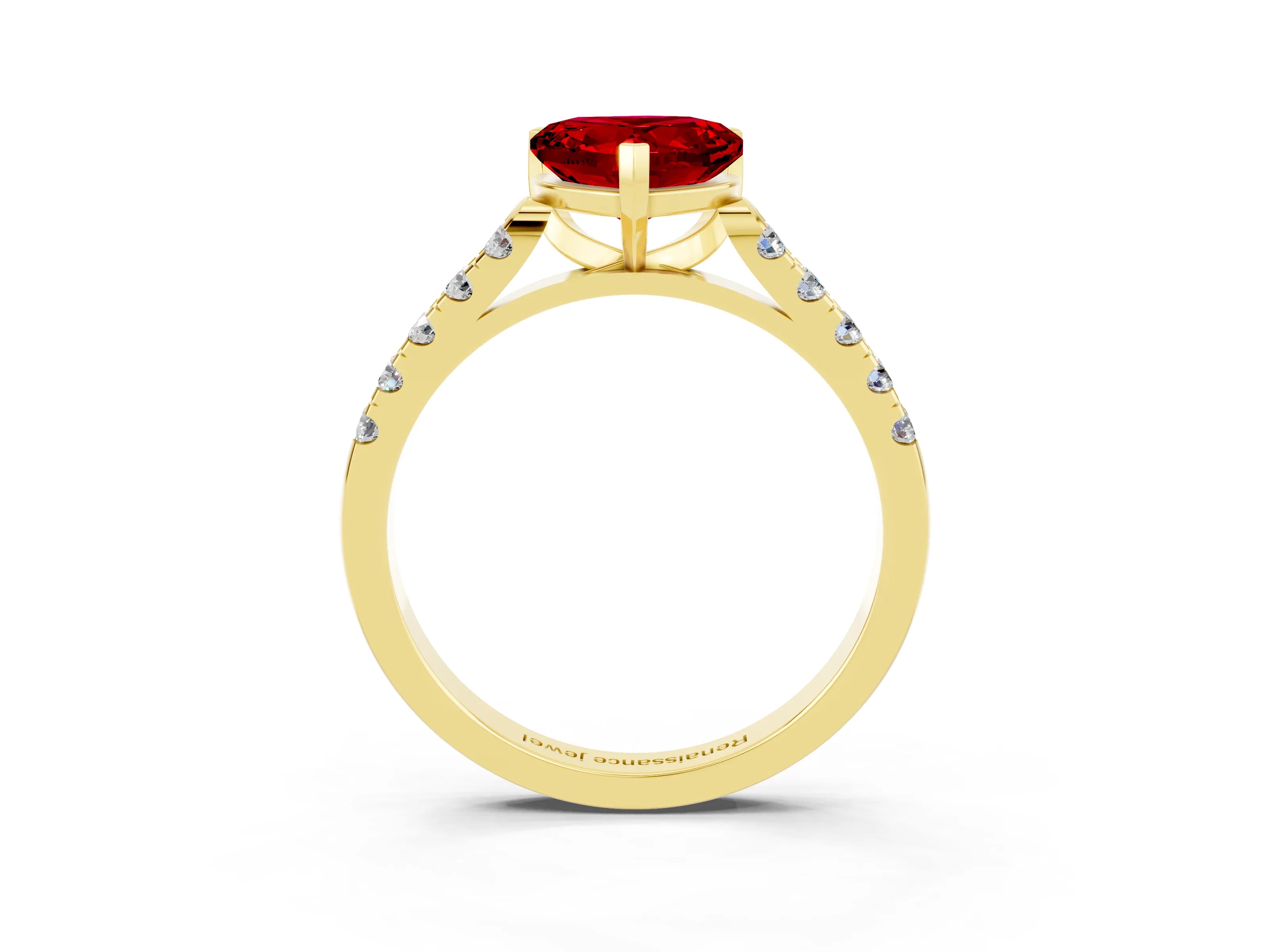 Yellow gold {shape_name} Ruby Solitaire Ring with Pavé Band and Four-Prong Setting_3
