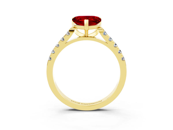 Yellow gold Heart Cut Ruby Pavé Band Solitaire Ring with Prong Setting