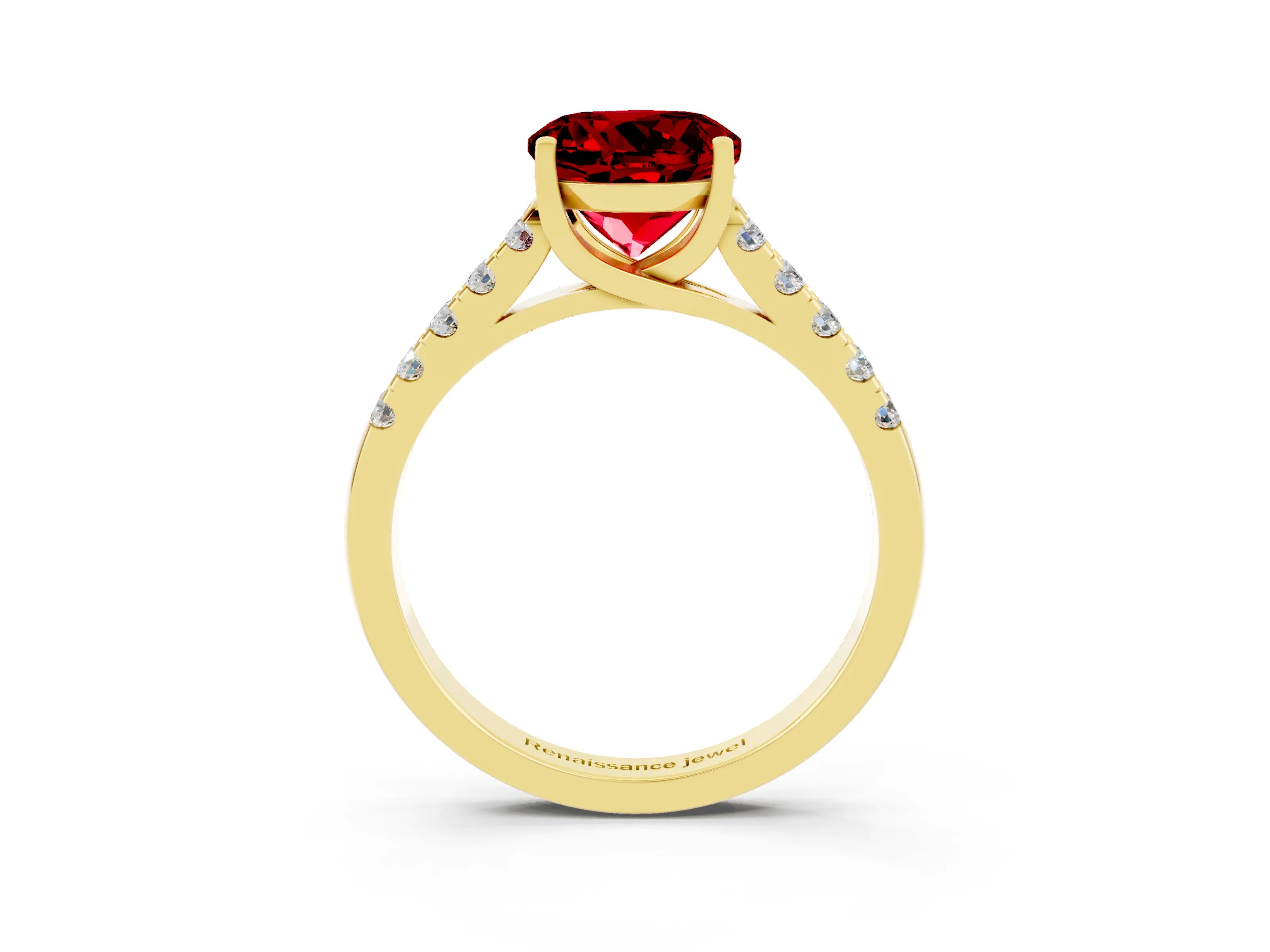 Yellow gold {shape_name} Ruby Solitaire Ring with Pavé Band and Four-Prong Setting_3