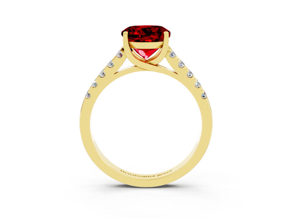 Yellow gold Round Cut Ruby Pavé Band Solitaire Ring with Prong Setting