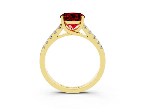 Yellow gold {shape_name} Ruby Solitaire Ring with Pavé Band and Four-Prong Setting_3