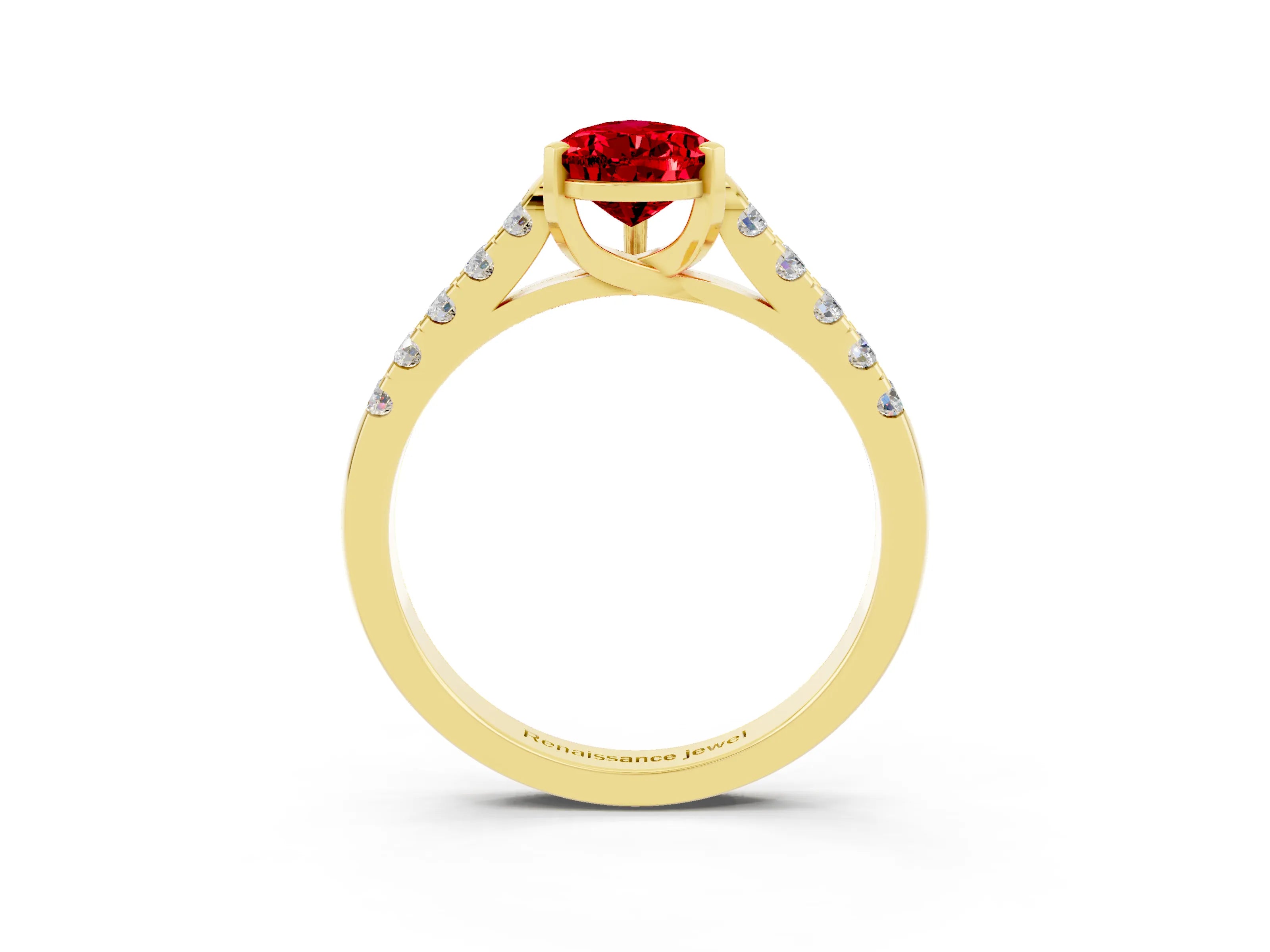 Yellow gold {shape_name} Ruby Solitaire Ring with Pavé Band and Four-Prong Setting_3
