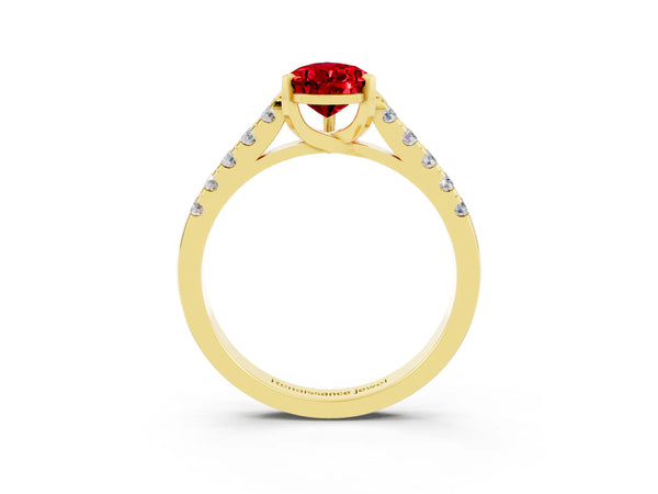 Yellow gold Pear Cut Ruby Pavé Band Solitaire Ring with Prong Setting
