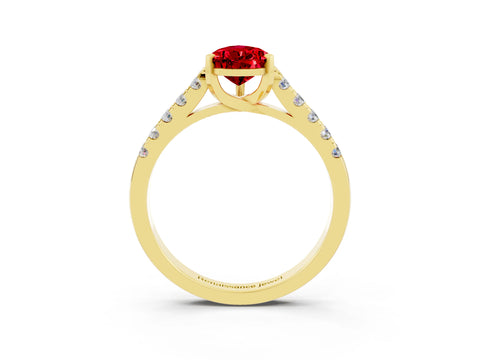 Yellow gold {shape_name} Ruby Solitaire Ring with Pavé Band and Four-Prong Setting_3