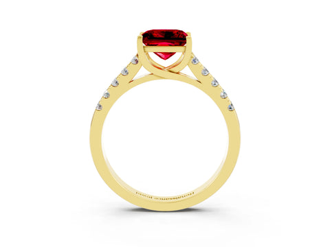 Yellow gold {shape_name} Ruby Solitaire Ring with Pavé Band and Four-Prong Setting_3
