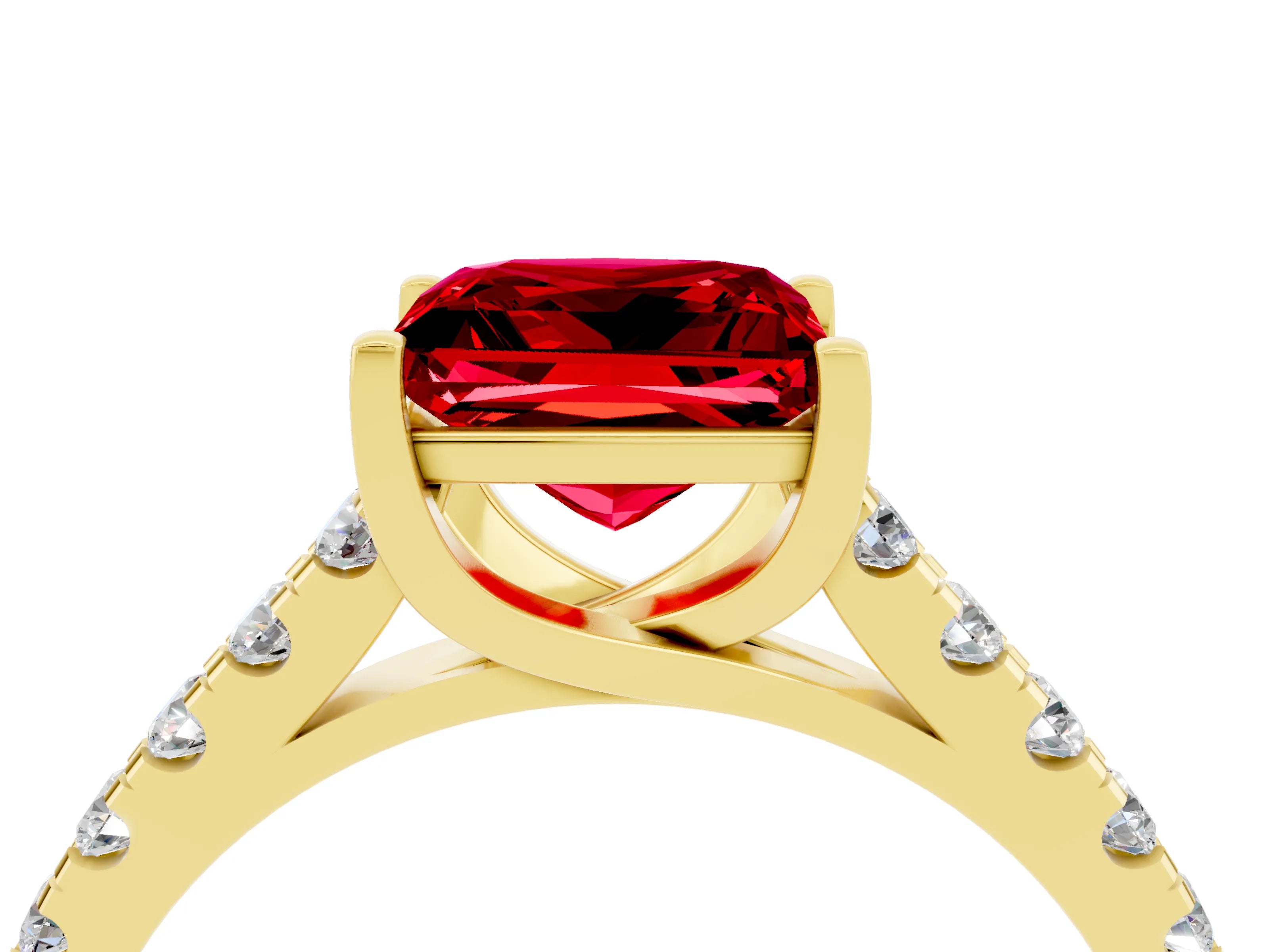 Yellow gold {shape_name} Ruby Solitaire Ring with Pavé Band and Four-Prong Setting_4
