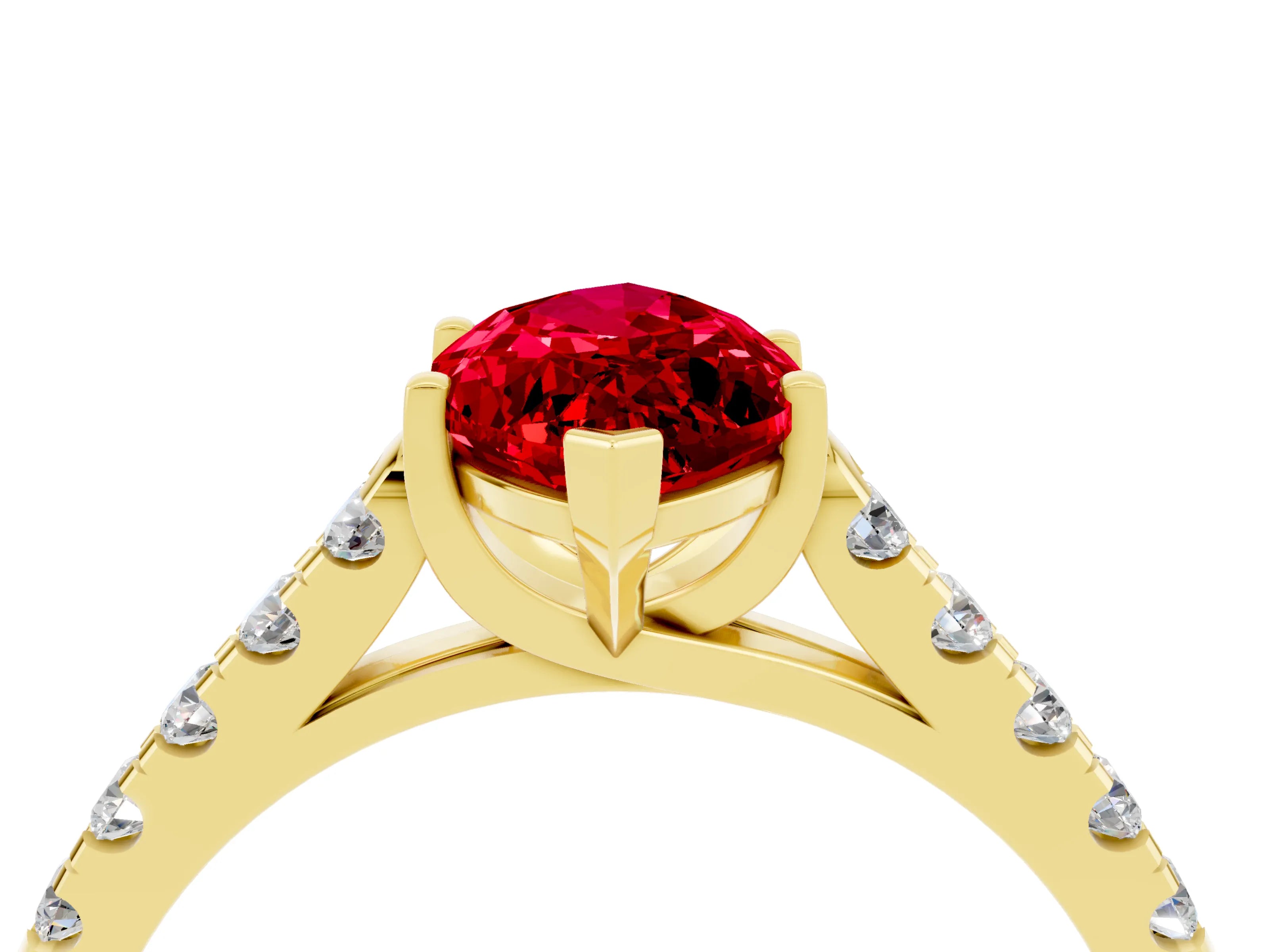 Yellow gold {shape_name} Ruby Solitaire Ring with Pavé Band and Four-Prong Setting_4