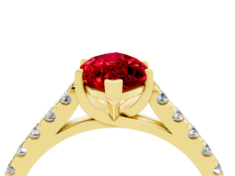 Yellow gold {shape_name} Ruby Solitaire Ring with Pavé Band and Four-Prong Setting_4