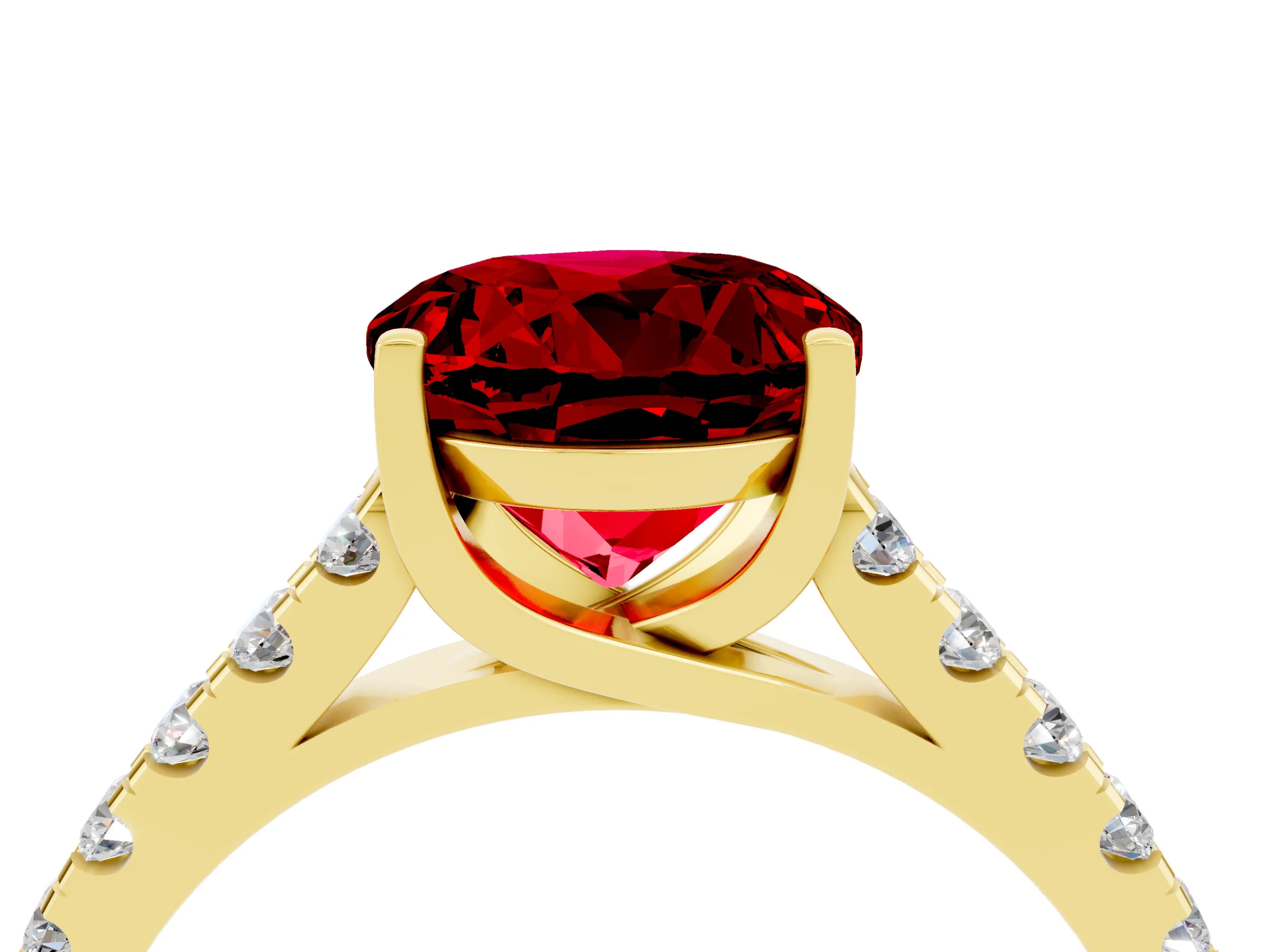 Yellow gold {shape_name} Ruby Solitaire Ring with Pavé Band and Four-Prong Setting_4