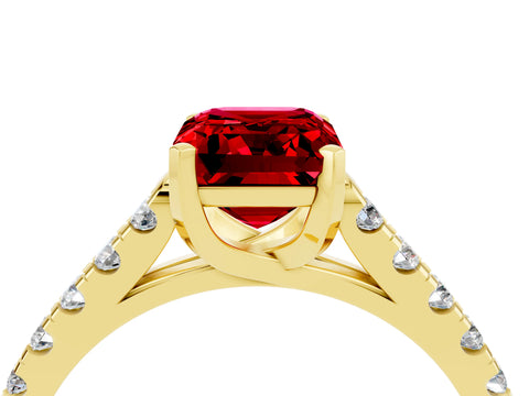 Yellow gold {shape_name} Ruby Solitaire Ring with Pavé Band and Four-Prong Setting_4