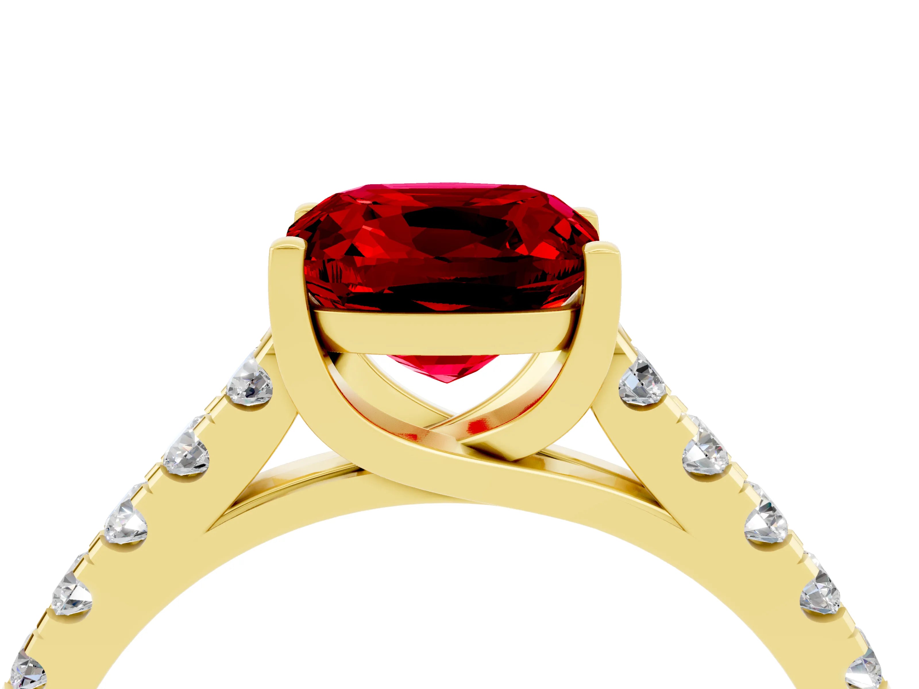 Yellow gold {shape_name} Ruby Solitaire Ring with Pavé Band and Four-Prong Setting_4
