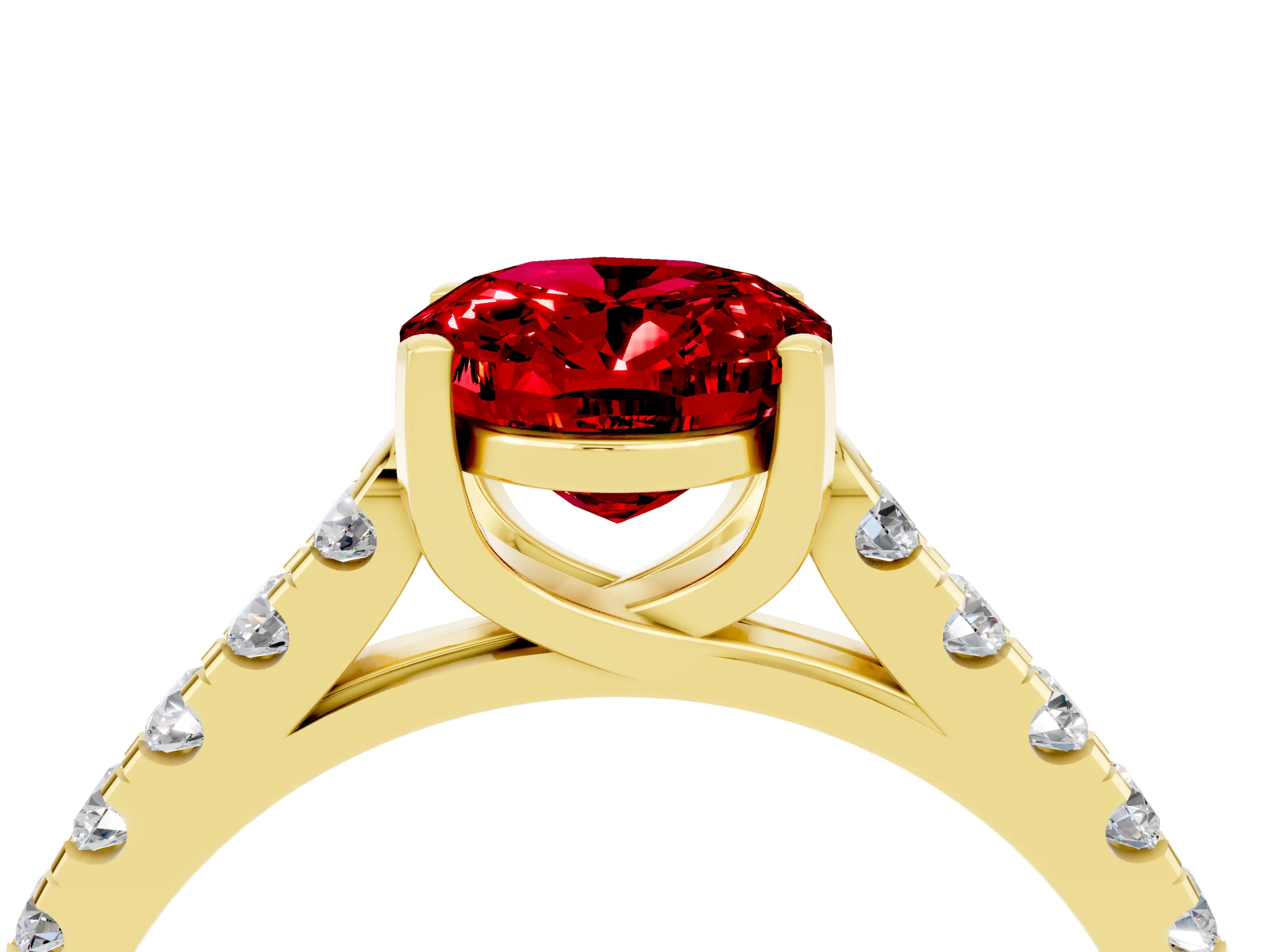 Yellow gold {shape_name} Ruby Solitaire Ring with Pavé Band and Four-Prong Setting_4