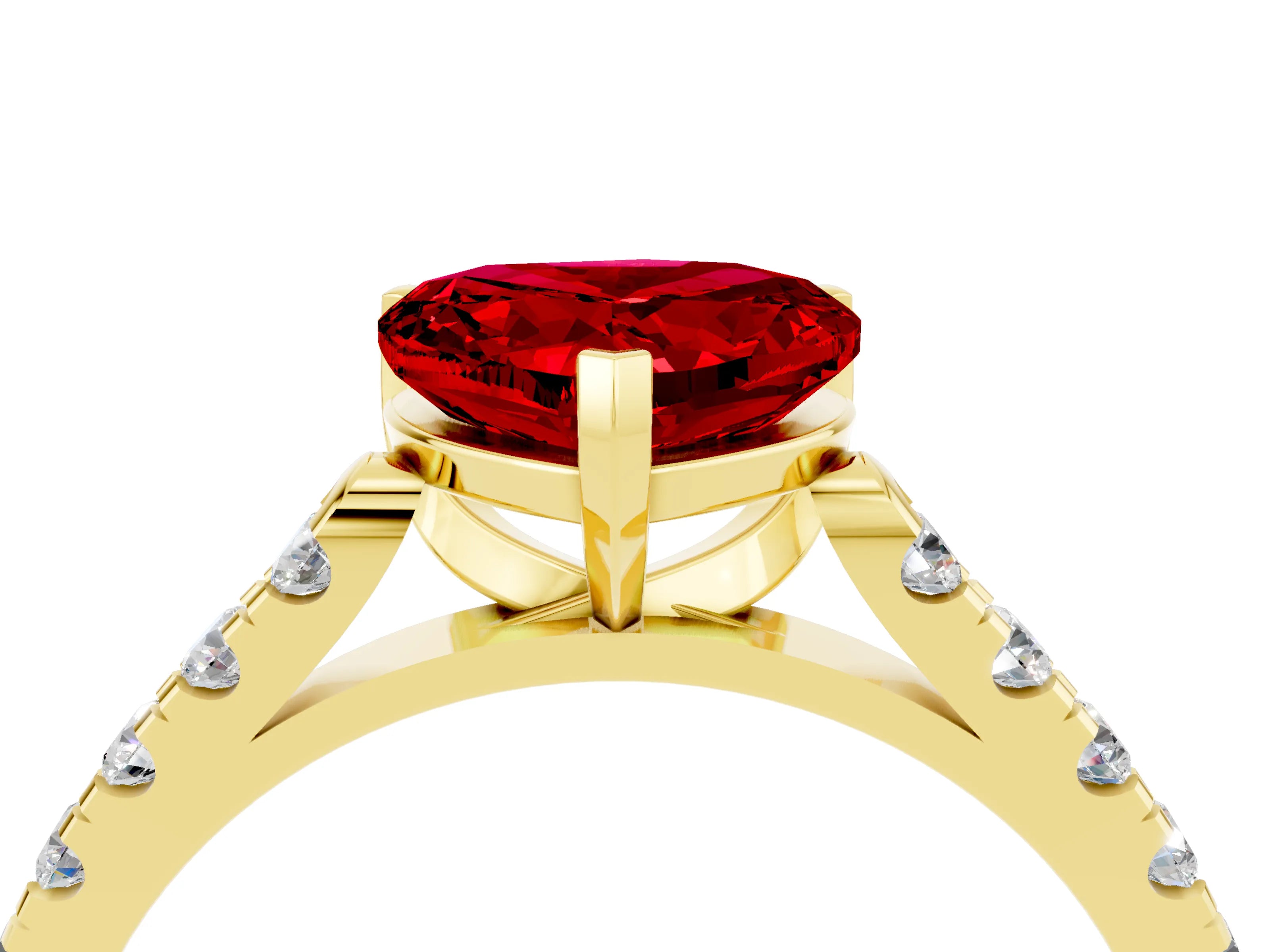 Yellow gold {shape_name} Ruby Solitaire Ring with Pavé Band and Four-Prong Setting_4