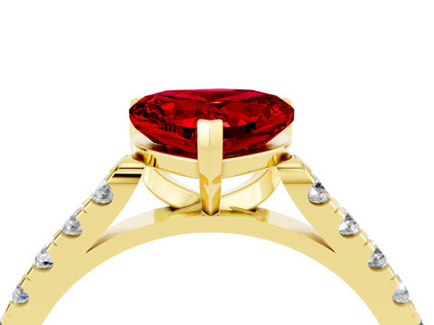 Yellow gold {shape_name} Ruby Solitaire Ring with Pavé Band and Four-Prong Setting_4