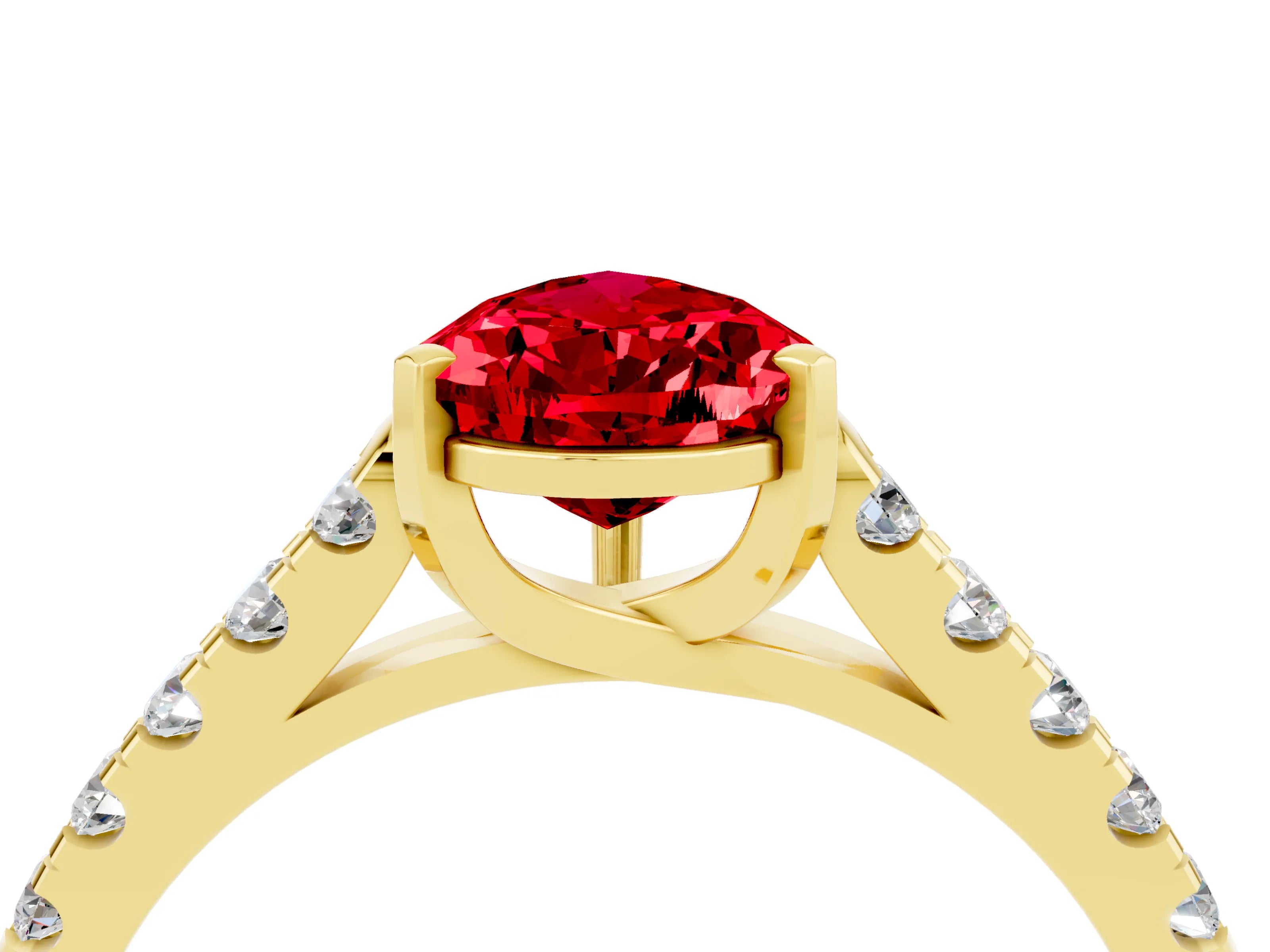 Yellow gold {shape_name} Ruby Solitaire Ring with Pavé Band and Four-Prong Setting_4