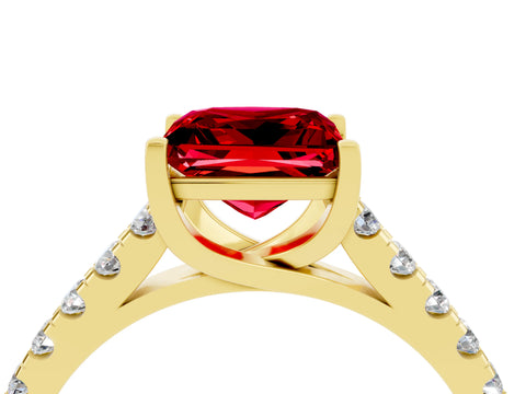Yellow gold {shape_name} Ruby Solitaire Ring with Pavé Band and Four-Prong Setting_4