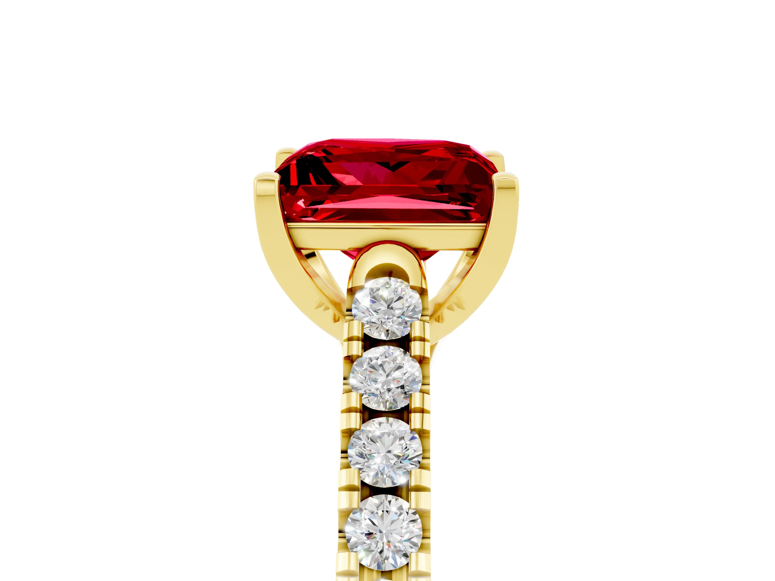 Yellow gold {shape_name} Ruby Solitaire Ring with Pavé Band and Four-Prong Setting_5