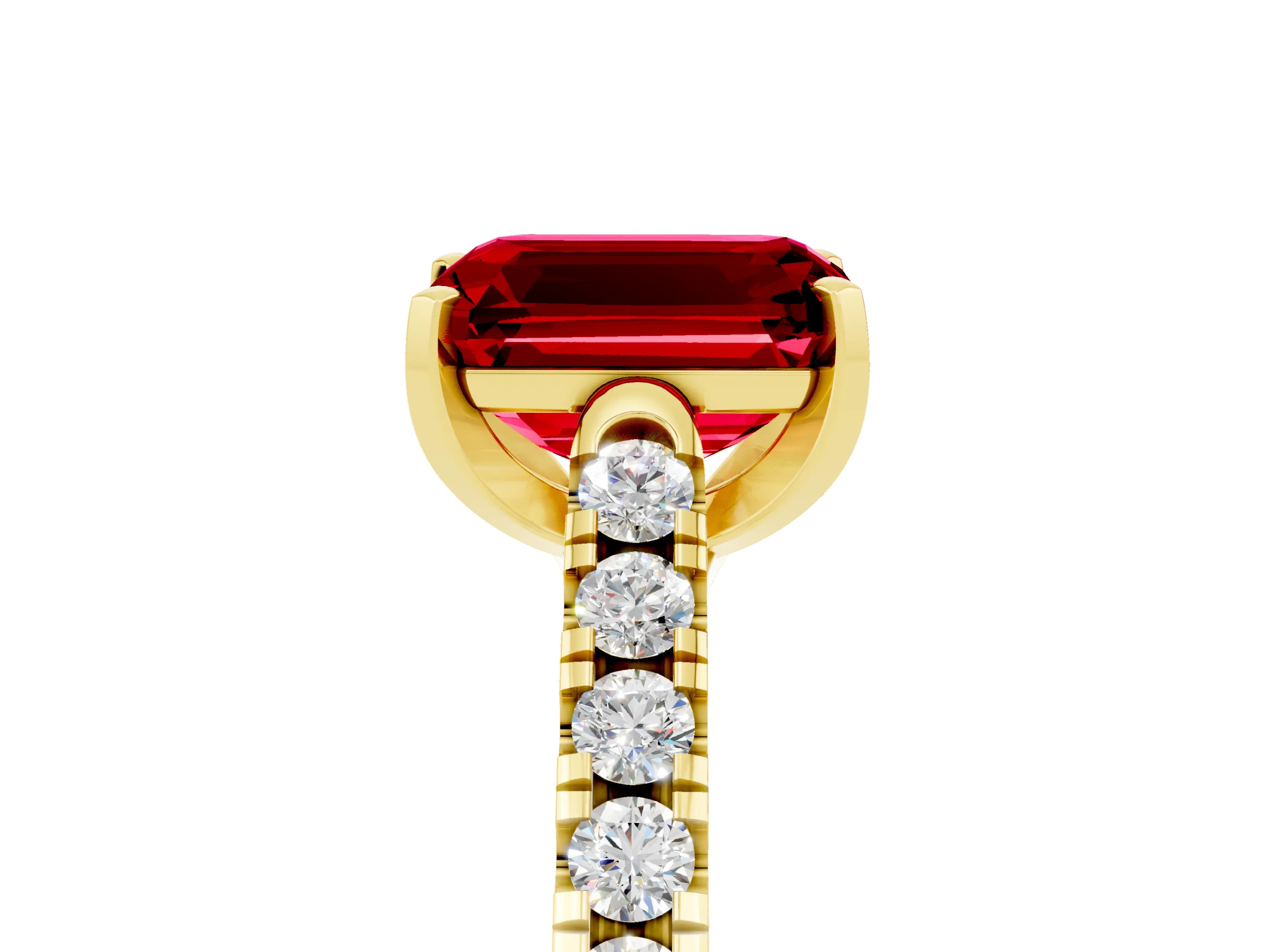 Yellow gold {shape_name} Ruby Solitaire Ring with Pavé Band and Four-Prong Setting_5