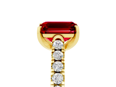 Yellow gold {shape_name} Ruby Solitaire Ring with Pavé Band and Four-Prong Setting_5