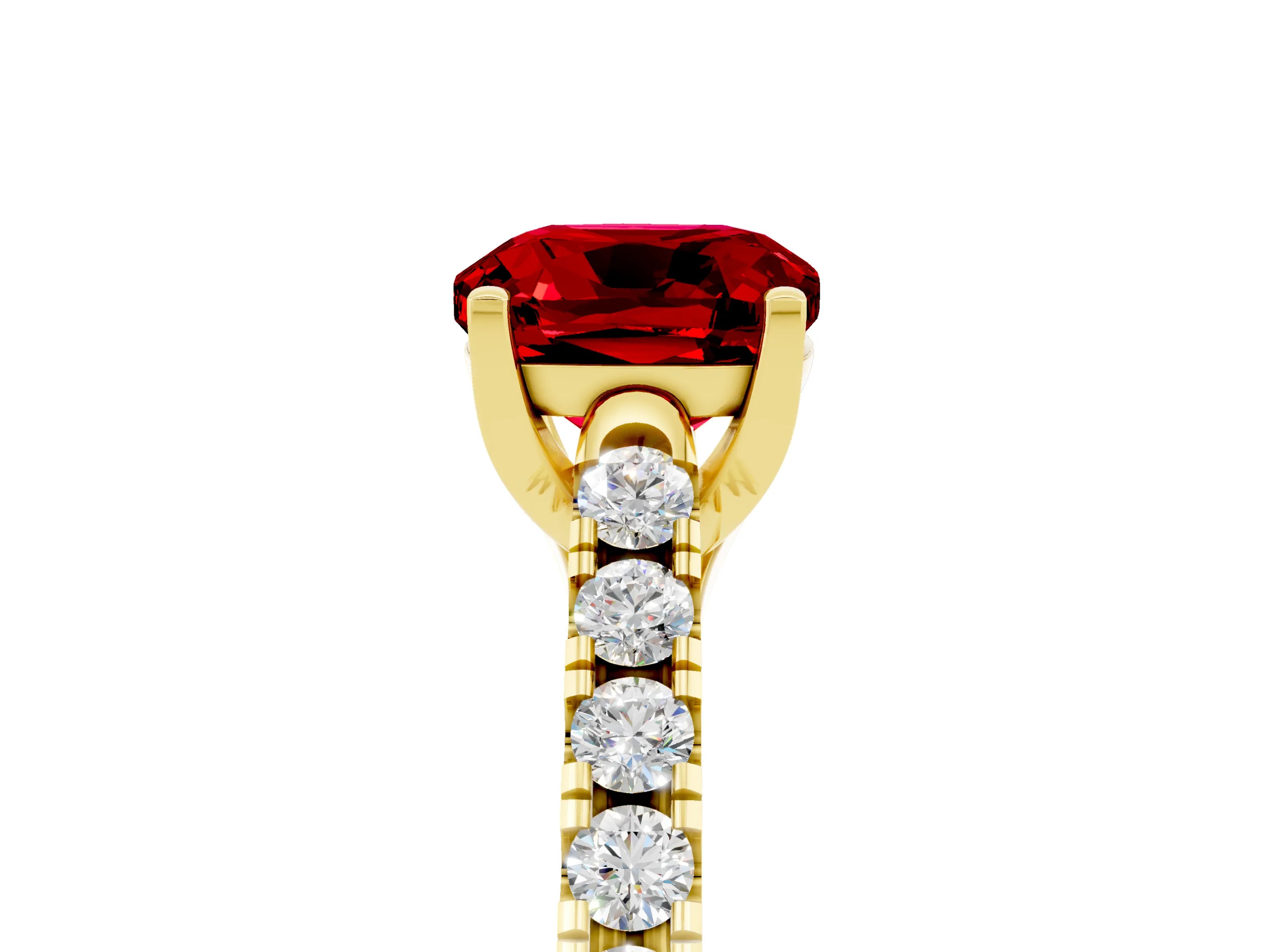 Yellow gold {shape_name} Ruby Solitaire Ring with Pavé Band and Four-Prong Setting_5