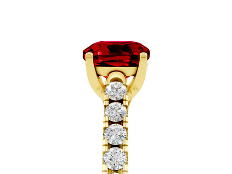 Yellow gold {shape_name} Ruby Solitaire Ring with Pavé Band and Four-Prong Setting_5
