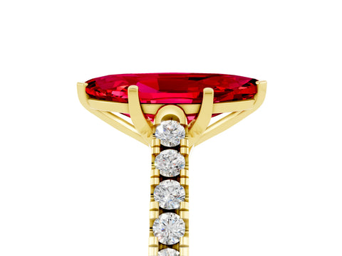 Yellow gold {shape_name} Ruby Solitaire Ring with Pavé Band and Four-Prong Setting_5