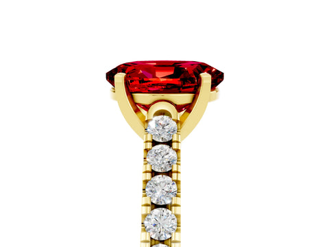Yellow gold {shape_name} Ruby Solitaire Ring with Pavé Band and Four-Prong Setting_5