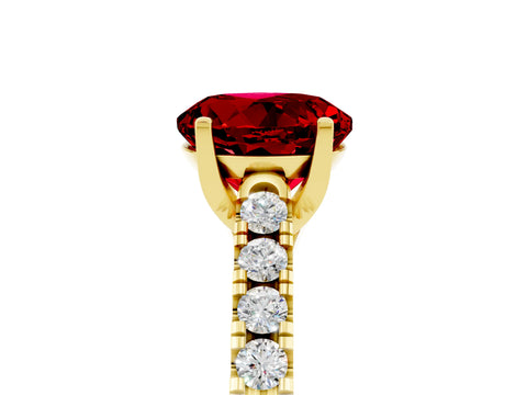 Yellow gold {shape_name} Ruby Solitaire Ring with Pavé Band and Four-Prong Setting_5