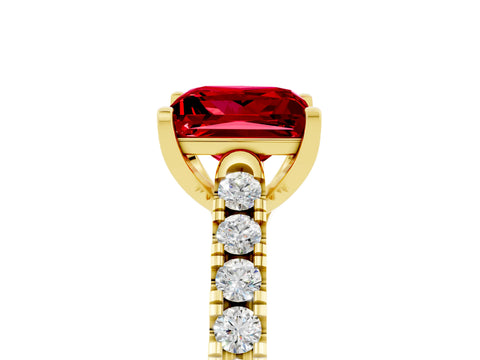 Yellow gold {shape_name} Ruby Solitaire Ring with Pavé Band and Four-Prong Setting_5