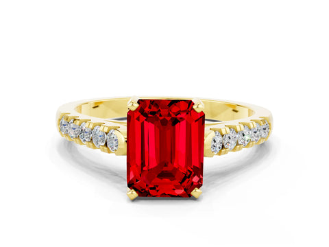 Yellow gold {shape_name} Ruby Solitaire Ring with Pavé Band and Four-Prong Setting